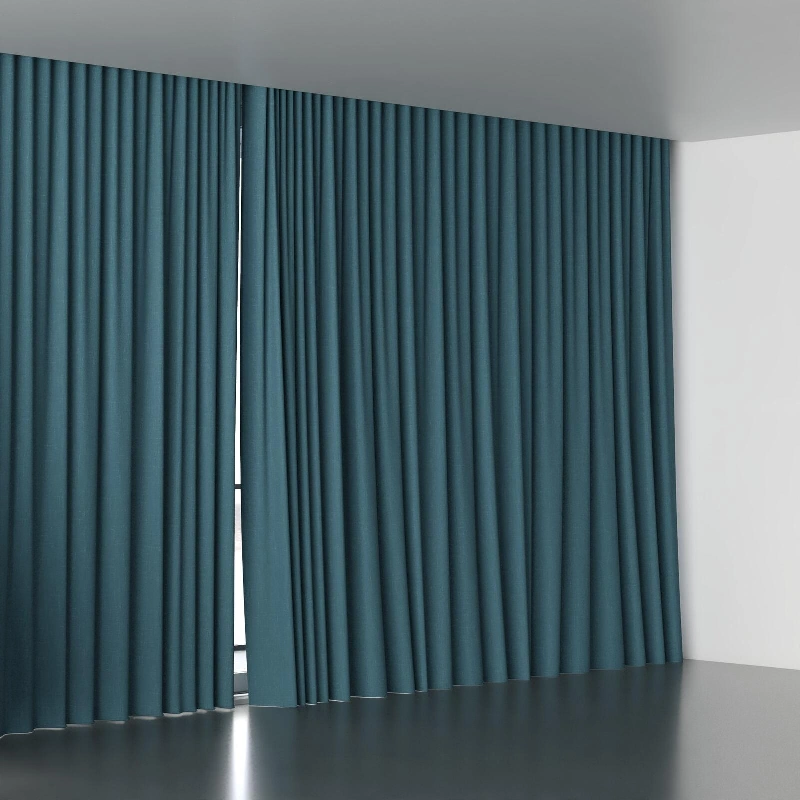 Closed dark teal soundproof curtain with center split.