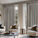 Gray soundproof curtains framing two tall windows.