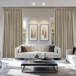 taupe soundproof curtains frame sofa and two windows.