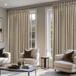 taupe soundproof curtains framing two tall windows.